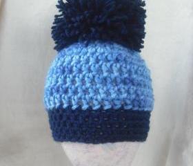 Boys Newborn Blue pom pom crochet hat, Ready to ship