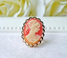 Vintage Lady Cameo Ring In Gold. Classic Victorian Style. Adjustable Ring