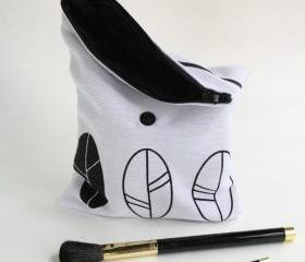 Hand printed POUCH - White clutch purse with leaves screen printed