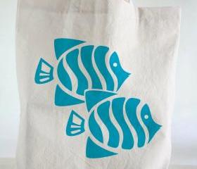 Cotton TOTE BAG - Beach tote - cotton tote bag with hand printed fishes