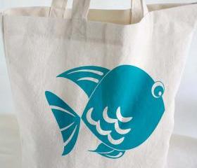 Cotton TOTE BAG - Beach tote - cotton tote bag with hand printed fish
