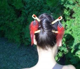 Native American Hair Sticks Fork Hairpin Hair Accessory Red Feather Boxwood MariyaArts