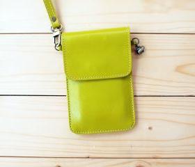 iPhone case, Leather bag with hand strap, Lime Green