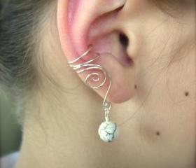 Pair of Silver Plated Ear Cuffs with Genuine White Howlite, non pierced