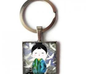 Japanese Doll Blue Green Kimono Origami Birds Glass Keychain or Necklace