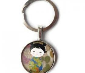 Glass Necklace Keychain Zipper Japanese Doll Yellow Flower Blue Kimono