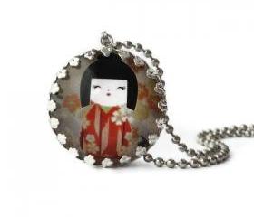 Origami Paper Japanese Girl Red Kimono Round Glass Silver Pendant