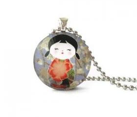 Japanese Doll Big Red Flower Kimono White Flowers Round Glass Pendant