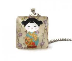 Japanese Girl Blue Kimono Purple Flowers Square Glass Pendant