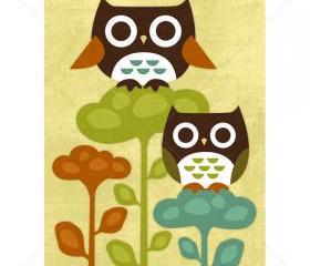 7R Retro Owls on Flowers 5x7 Print