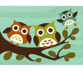 8R Retro Owls on Branch Print 5x7