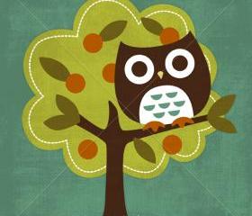 10R Retro Owl in Fruit Tree 6 x 6 Print