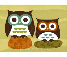 11R Retro Two Owls on Rocks 5 x 7 Print