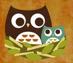 14R Retro Owl Family in Nest 6 x 6 Print