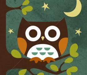 15R Retro Owl Sitting in Moonlight 6 x 6 Print