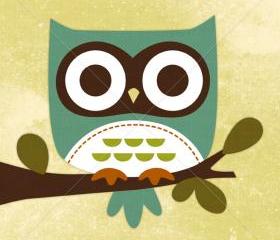19R Retro Blue Owl on Branch 6 x 6 Print