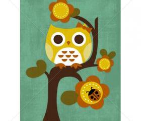 24R Retro Owl on Flower Tree 5 x 7 Print