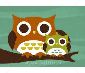 27R Retro Owl with Baby in Tree 5x7 Print