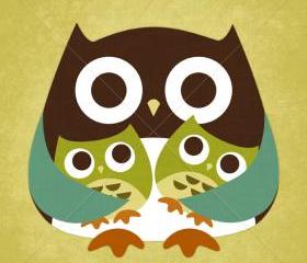 28R Retro Owl with Twins 6 x 6 Print