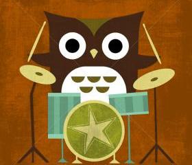 40R Retro Owl with Drums 6 x 6 Print