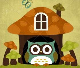 31R Retro Owl in Mushroom House 6x6 Print