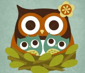 32R Retro Owl Twins Nest 6x6 Print