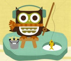 34R Retro Owl Ice Fishing 6x6 Print