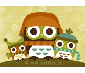 37R Retro Winter Owls with Hats 5x7 Print