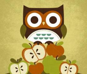39R Retro Owl on Apples 6 x 6 Print