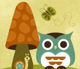 41R Retro Owl with Butterfly 6 x 6 Print