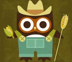 45R Retro Farmer Owl 6 x 6 Print