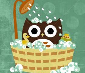 46R Retro Owl in Bathtub 6 x 6 Print