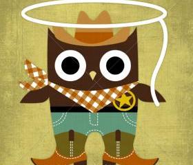 47R Retro Cowboy Owl 6 x 6 Print