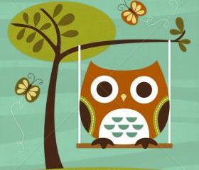48R Retro Owl on Swing 6 x 6 Print