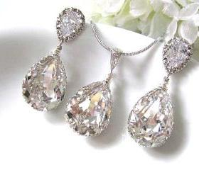 Pear Drop Swarovski Crystals In White Gold Bridal Earrings And Necklace Set - Bridal Jewelry Set, Bridesmaid Jewelry Set, Wedding Set