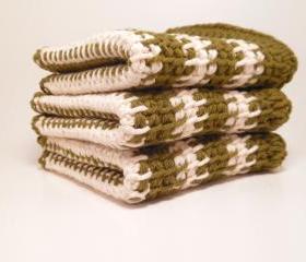 Washcloth 100% Cotton in Olive Green and White