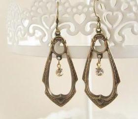 Brass Art Nouveau Dangle Hoop Rhinestone Earrings, Antique Brass Boho Earrings, Chandelier Filigree, Vintage Swarovski Rhinestone, Antique
