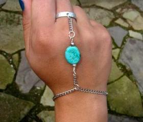 Silver and Turquoise Slave Bracelet, Chains and Adjustable ring