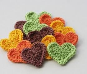 Crochet heart appliques in forest woodland colors spring autumn fall country green pumpkin orange yellow brown