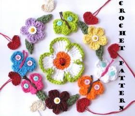 Crochet Pattern Appliques, Flowers, Heart, Butterfly, Easy, Great for Beginners, 5 applique motif patterns in one, Pattern No. 1
