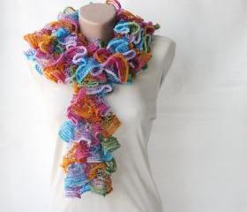 Knit frilly scarf rainbow colors