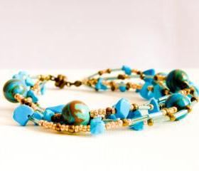 Boho chic chunky multi layered wrap bracelet. December birthstone Turquoise Jewelry. mother day