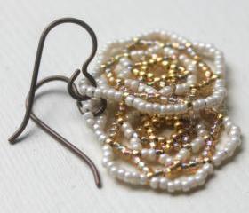 Bridal Earrings Wedding Jewelry Handwoven Beaded Gold Ivory