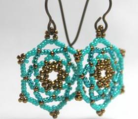 Mandala Star Beaded Earrings in Turquoise Teal Bronze 