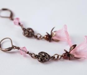 pink and antiqued brass flower dangle earrings