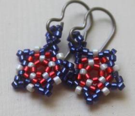 Red White & Blue Patriotic Stars Beaded Earrings
