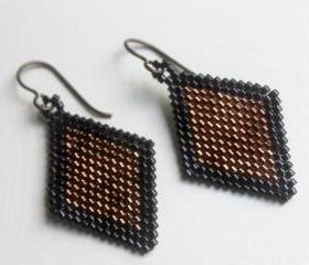 Copper and Black Beaded Diamond Shaped Earrings