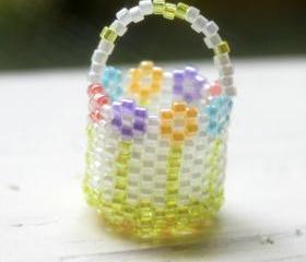 Miniature Beaded Basket Handwoven Flower Garden