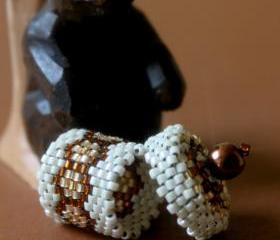 Miniature Basket or Box with Lid Handwoven Beaded Honeycomb Brown Gold Cream