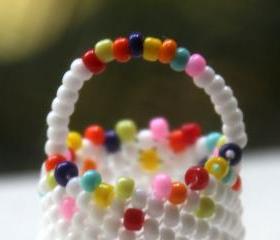 Miniature Beaded Basket White Multicolor